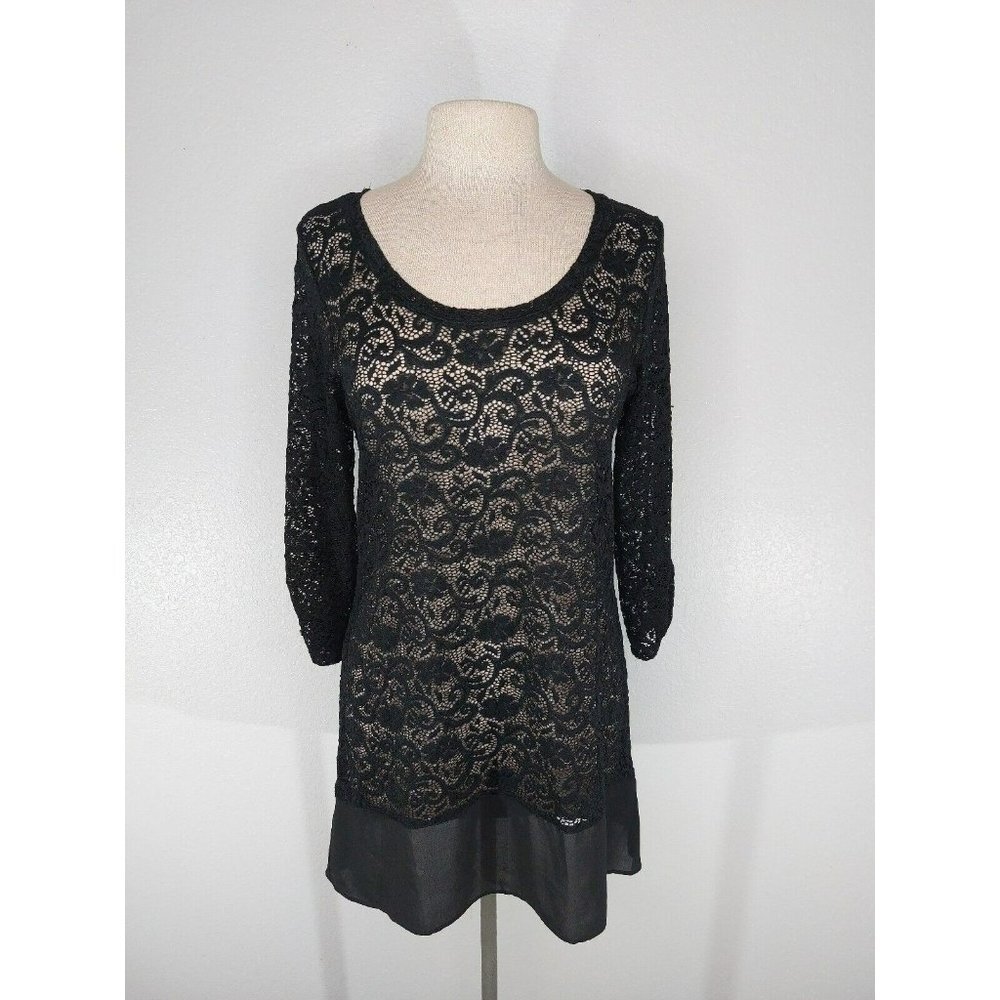 Maurices Womens Medium Black Lace Overlay 3/4 Sleeve Tunic Dress